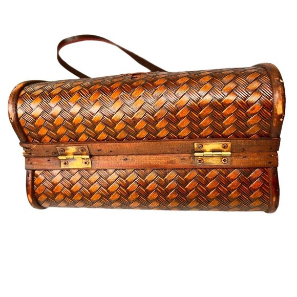 Vintage Wooden & Woven Leather Handbag Purse Brass Latch Hinges Straps - Picture 6 of 16